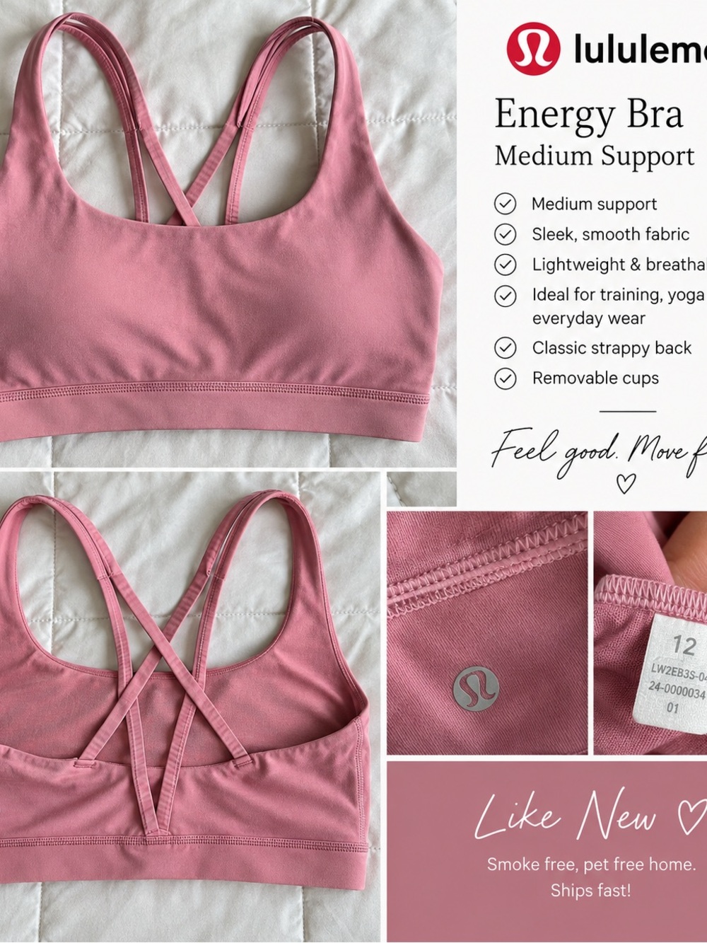 Lululemon Energy Bra Size 12 Dusty Rose Pink Strappy Back